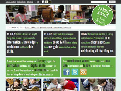 Screengrab of a grid-based website front page promoting the importance of school libraries